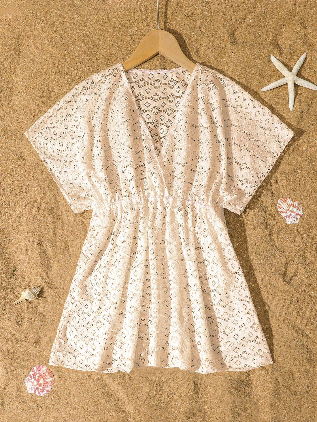 Tween girls apricot sleeveless knit mesh swimwear cover up with V-neck and hollow-out pattern