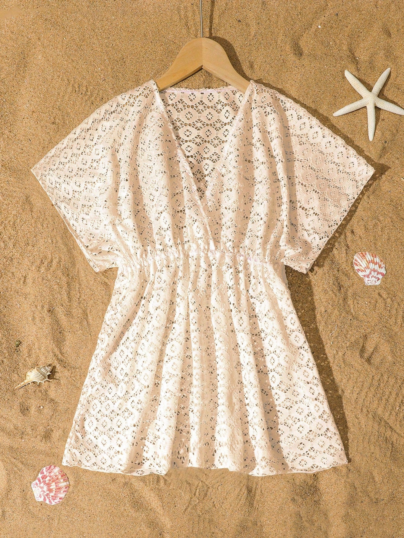 Tween girls apricot sleeveless knit mesh swimwear cover up with V-neck and hollow-out pattern