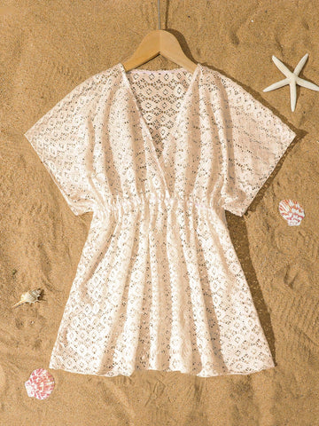 Tween girls apricot sleeveless knit mesh swimwear cover up with V-neck and hollow-out pattern