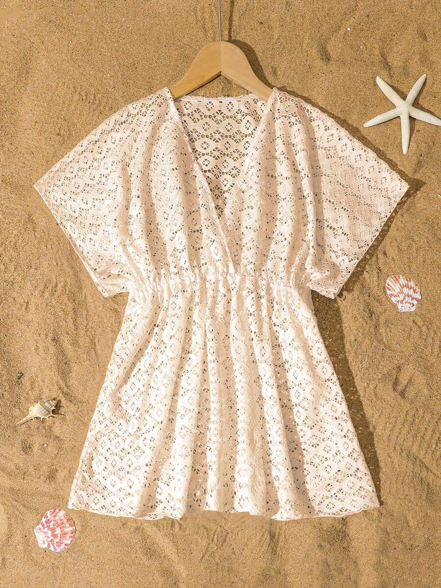 Tween girls apricot sleeveless knit mesh swimwear cover up with V-neck and hollow-out pattern
