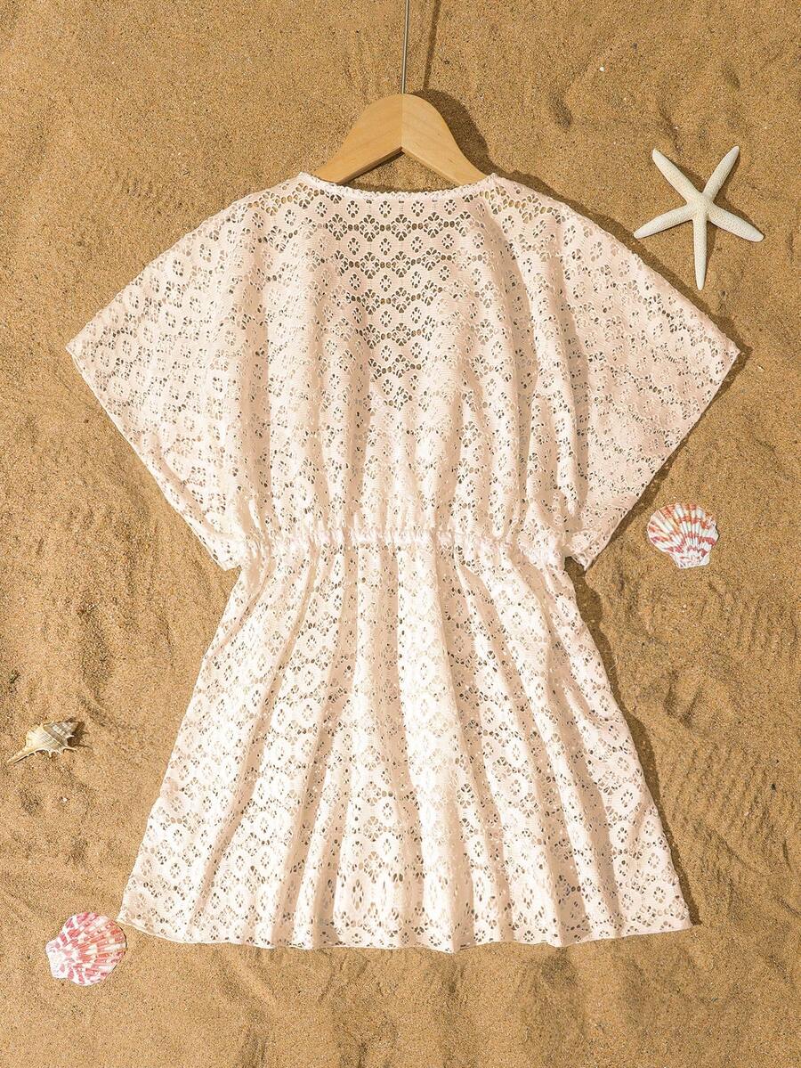 Tween girls apricot sleeveless knit mesh swimwear cover up with V-neck and hollow-out pattern