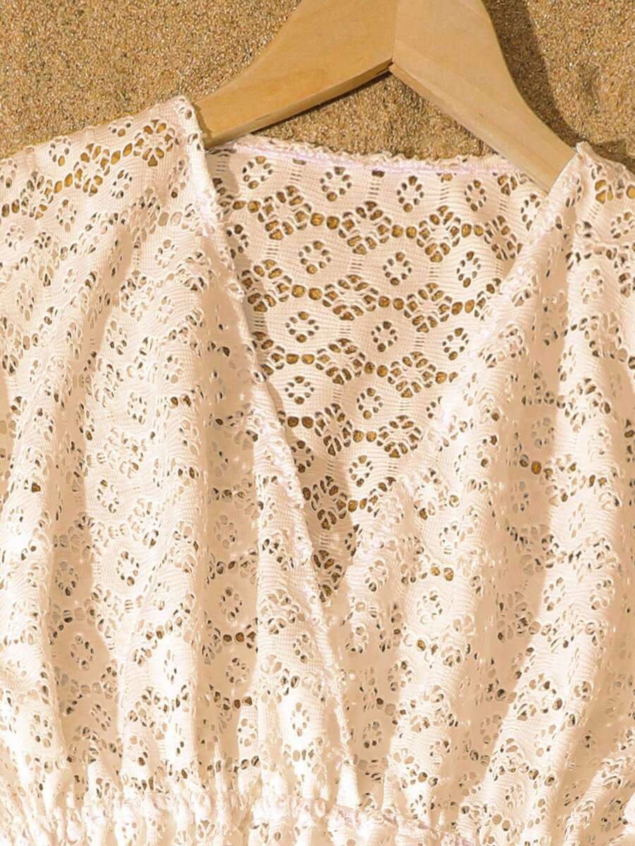 Tween girls apricot sleeveless knit mesh swimwear cover up with V-neck and hollow-out pattern