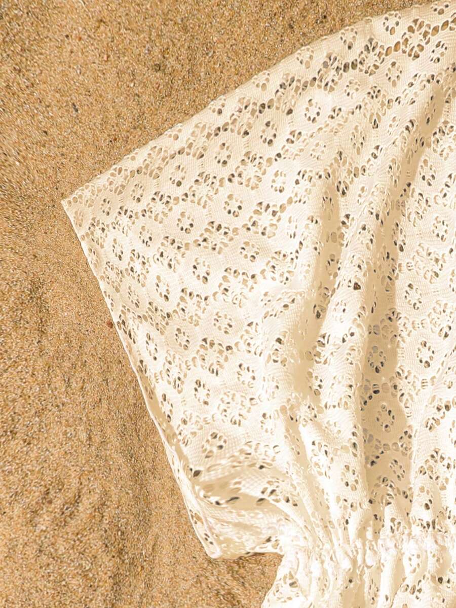 Tween girls apricot sleeveless knit mesh swimwear cover up with V-neck and hollow-out pattern