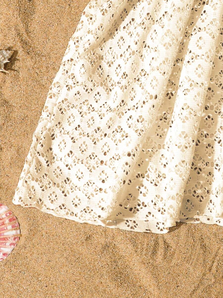 Tween girls apricot sleeveless knit mesh swimwear cover up with V-neck and hollow-out pattern