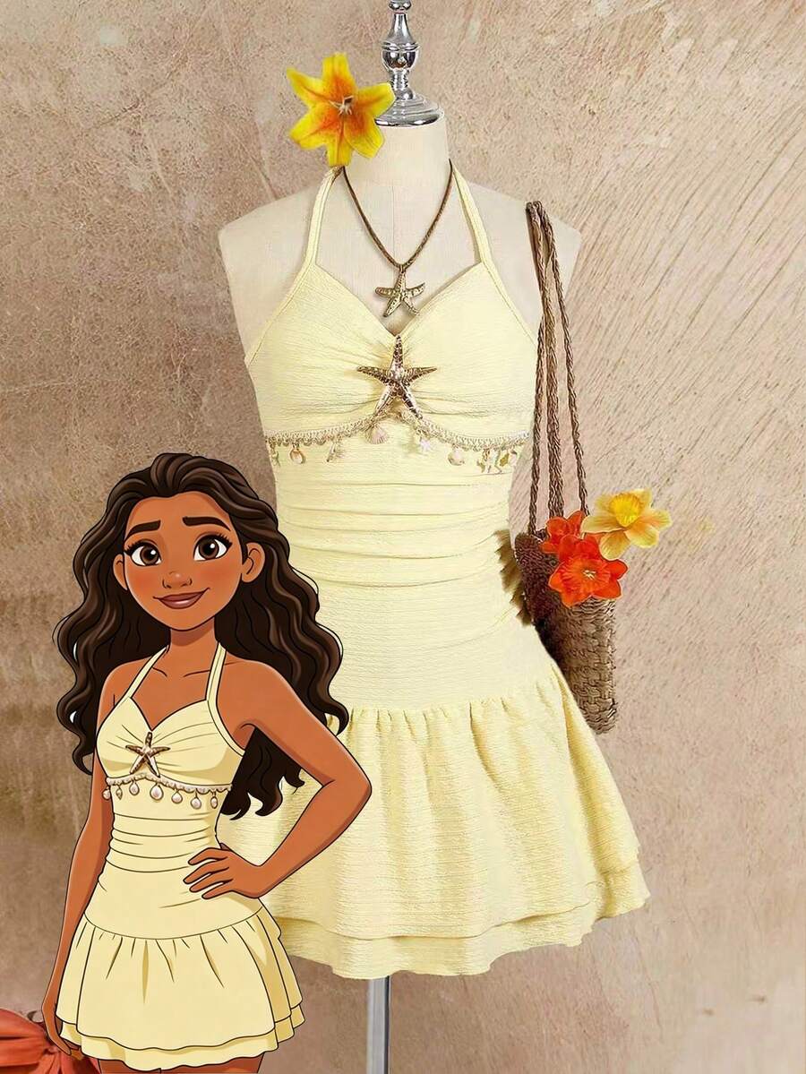 Tween girl black mini dress with halter neckline, backless design, tiered layer detail, high waist, flounce hem, and sleeveless slim fit.