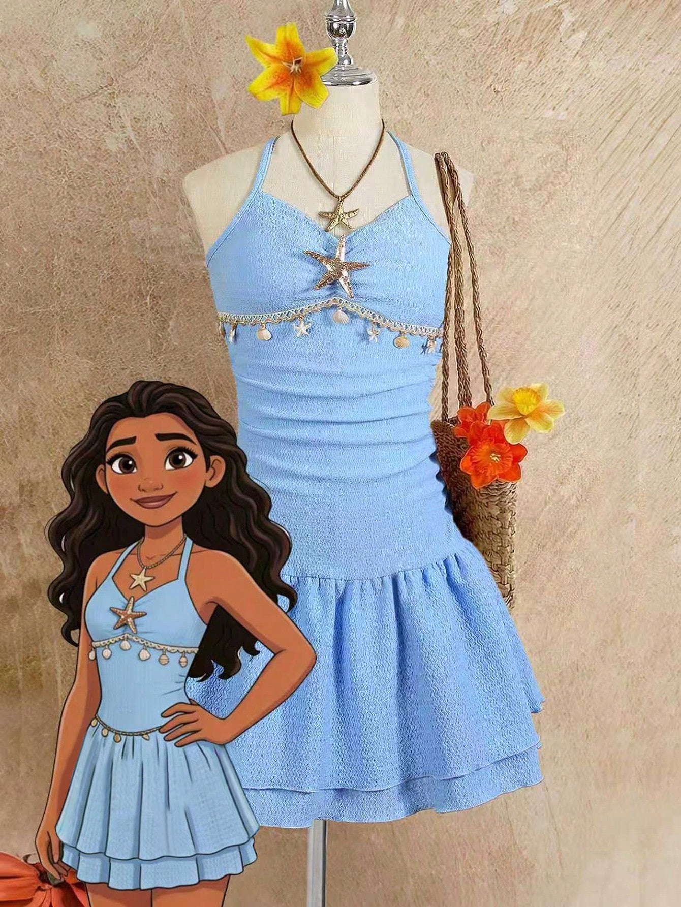 Tween girls apricot sleeveless halter mini dress with textured starfish and shell decor, shirred tiered layer, high waist, and flounce hem.