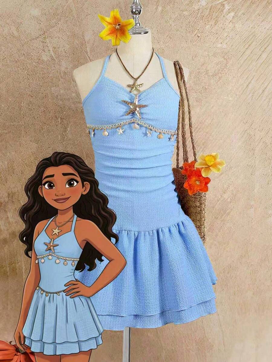Tween girls apricot sleeveless halter mini dress with textured starfish and shell decor, shirred tiered layer, high waist, and flounce hem.