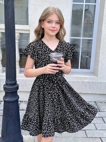 Tween girl wearing a black ditsy floral A-line short dress with V-neckline and flounce short sleeves.