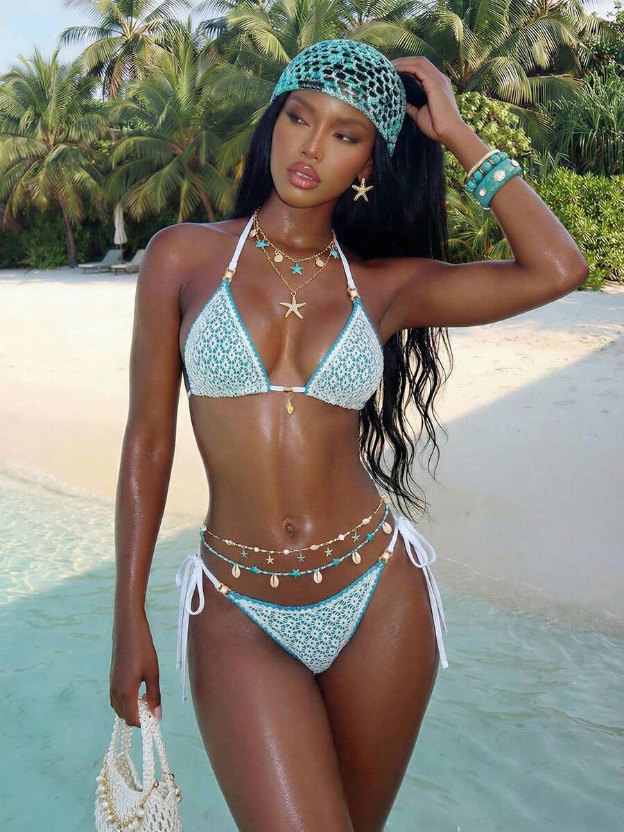 Women's triangle bikini set with contrast lace wireless bra top and ultra high waist tie side bottoms.