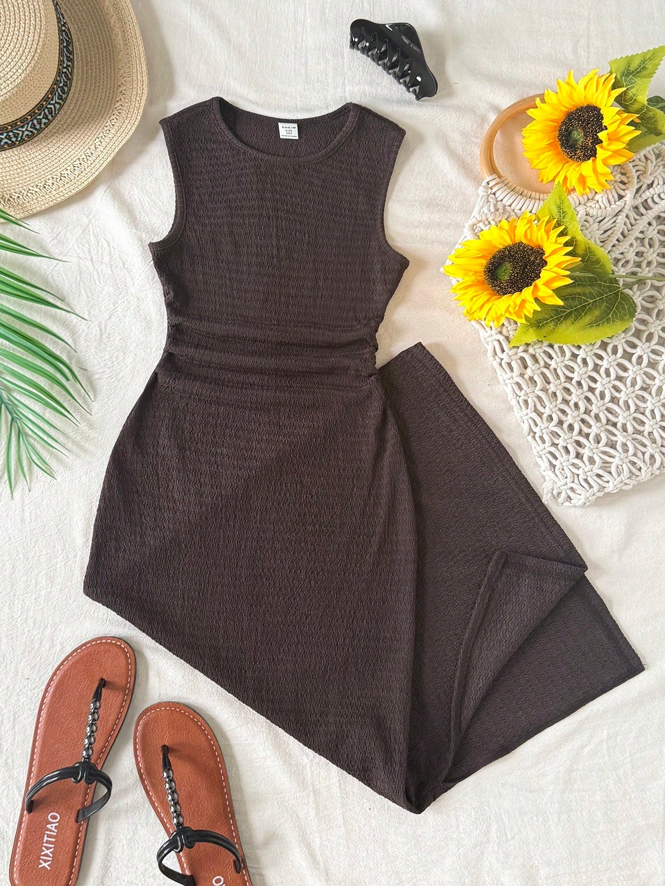 Tween girls sleeveless midi tank dress with round neck, graphic pattern, slim fit waist, slit hem, and apricot color styling for casual and occasion wear.