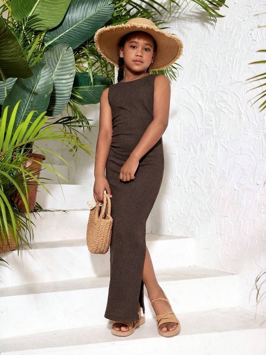 Tween girls sleeveless midi tank dress with round neck, graphic pattern, slim fit waist, slit hem, and apricot color styling for casual and occasion wear.