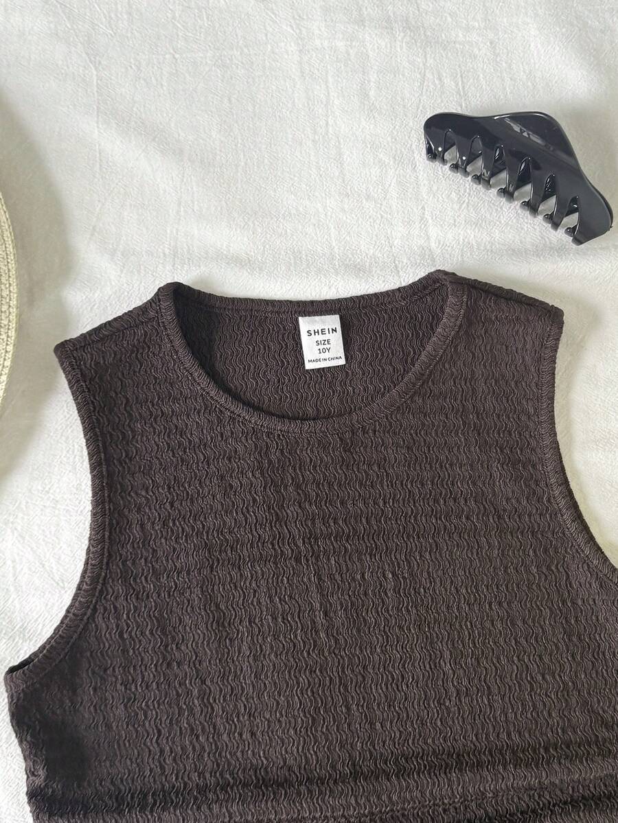 Tween girls sleeveless midi tank dress with round neck, graphic pattern, slim fit waist, slit hem, and apricot color styling for casual and occasion wear.