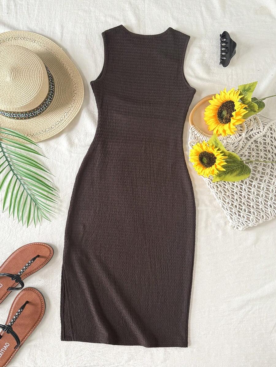 Tween girls sleeveless midi tank dress with round neck, graphic pattern, slim fit waist, slit hem, and apricot color styling for casual and occasion wear.
