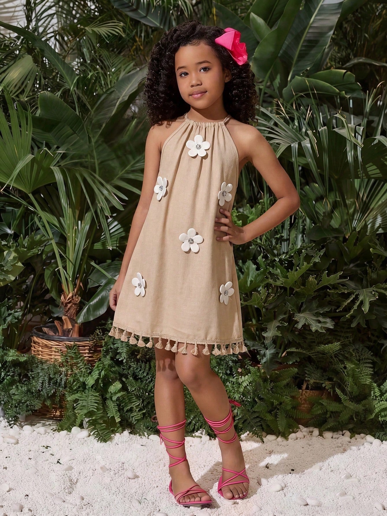 Tween girls floral print dress with halter neckline, sleeveless cold shoulder design, A-line shape, and vacation style.