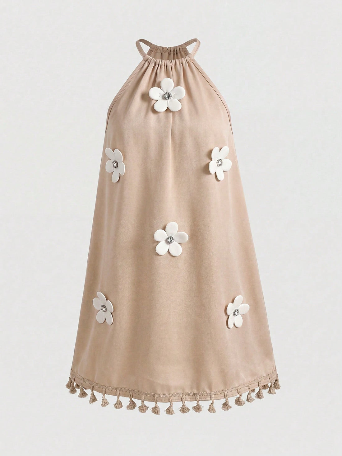 Tween girls floral print dress with halter neckline, sleeveless cold shoulder design, A-line shape, and vacation style.
