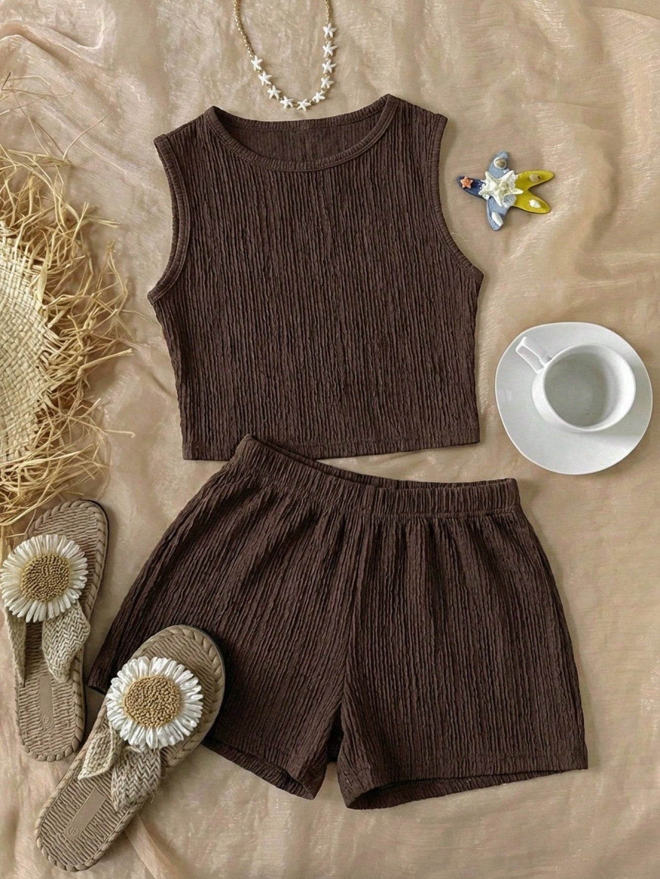 Tween girls black rib-knit round neck slim fit top and textured shorts casual summer set.