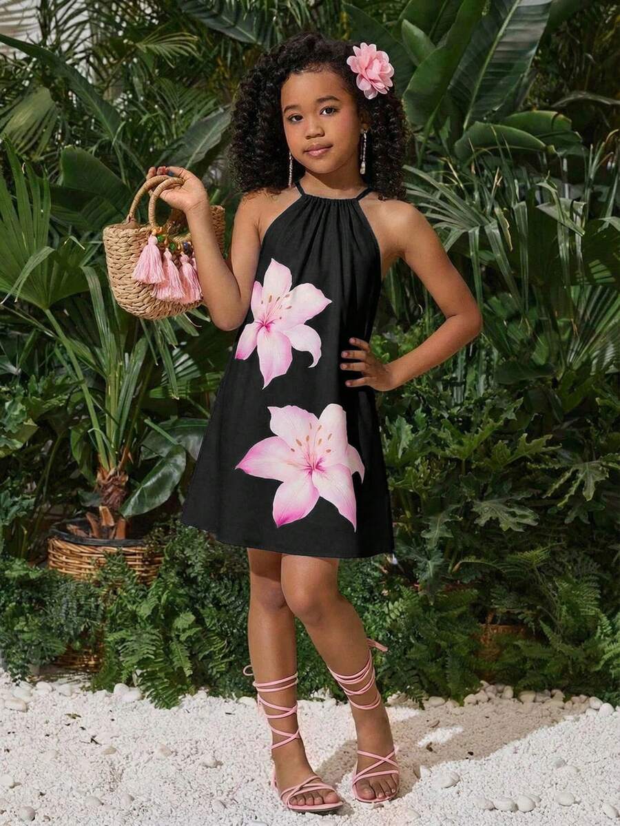 Tween girls floral halter A-line dress with contrast lace, applique and fringe details, sleeveless short length in polyester