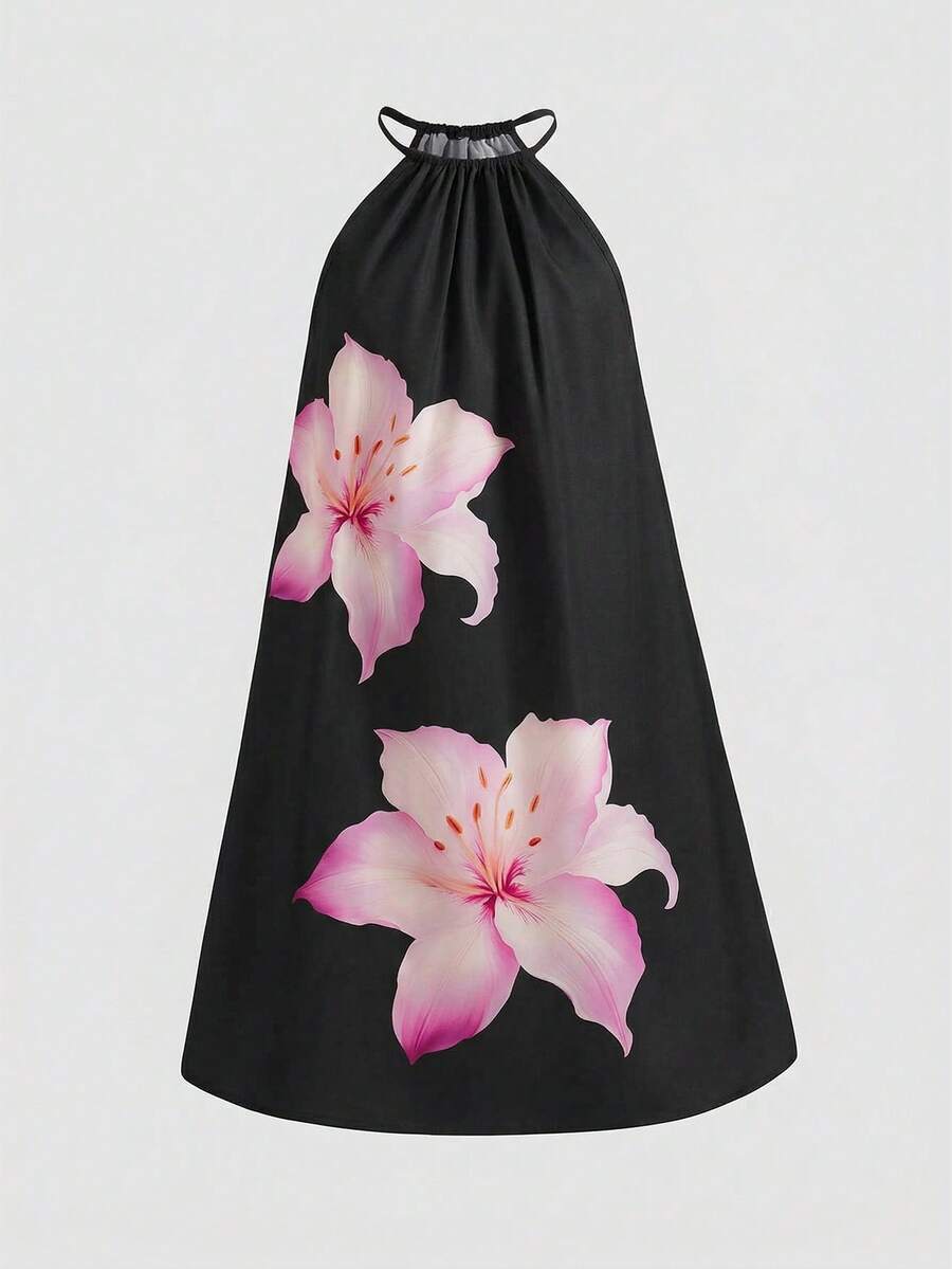 Tween girls floral halter A-line dress with contrast lace, applique and fringe details, sleeveless short length in polyester