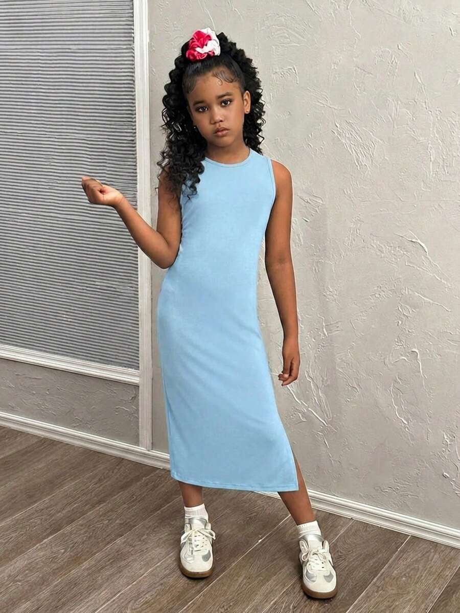 Tween girls sleeveless midi tank dress with round neck, graphic pattern, slim fit waist, slit hem, and apricot color styling for casual and occasion wear.