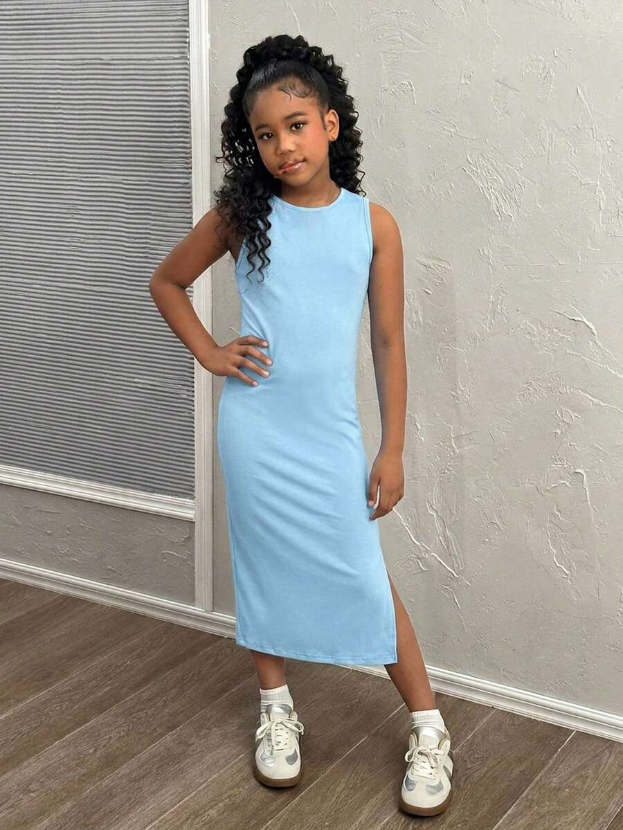 Tween girls sleeveless midi tank dress with round neck, graphic pattern, slim fit waist, slit hem, and apricot color styling for casual and occasion wear.