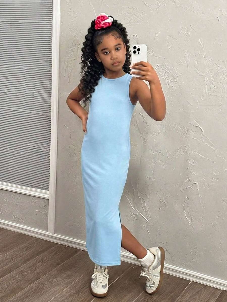 Tween girls sleeveless midi tank dress with round neck, graphic pattern, slim fit waist, slit hem, and apricot color styling for casual and occasion wear.