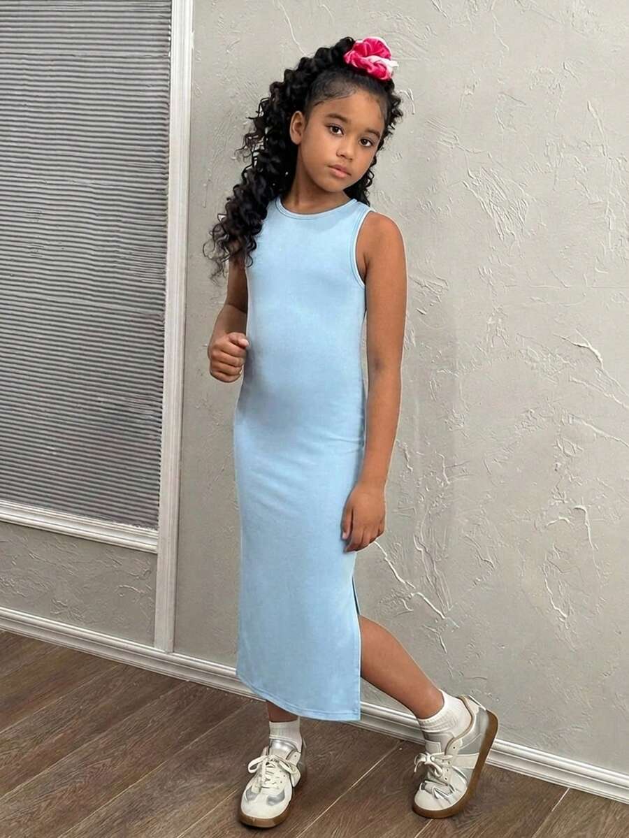 Tween girls sleeveless midi tank dress with round neck, graphic pattern, slim fit waist, slit hem, and apricot color styling for casual and occasion wear.