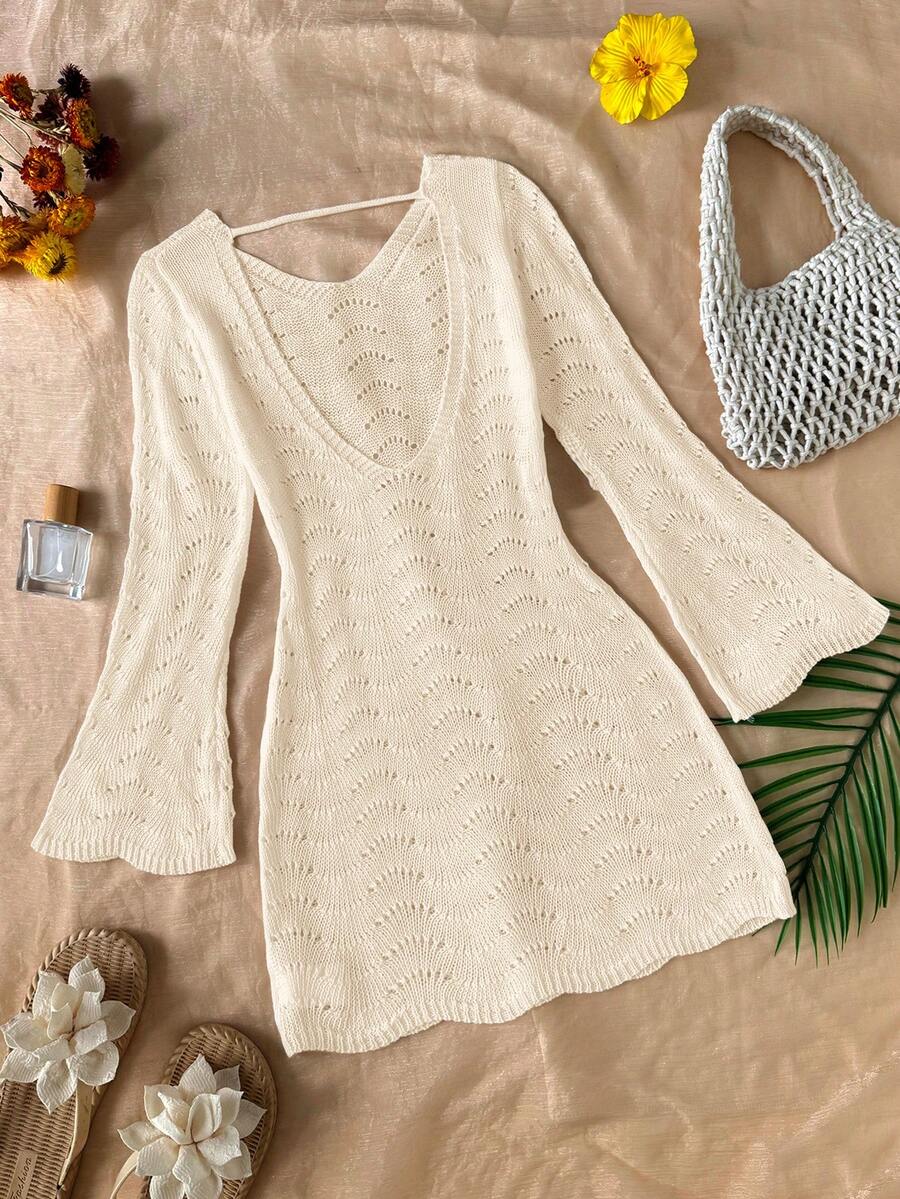Girls semi-sheer beach cover-up dress with V-neckline, long sleeves, backless side-tie design, and asymmetrical hem for tween summer beach vacations.