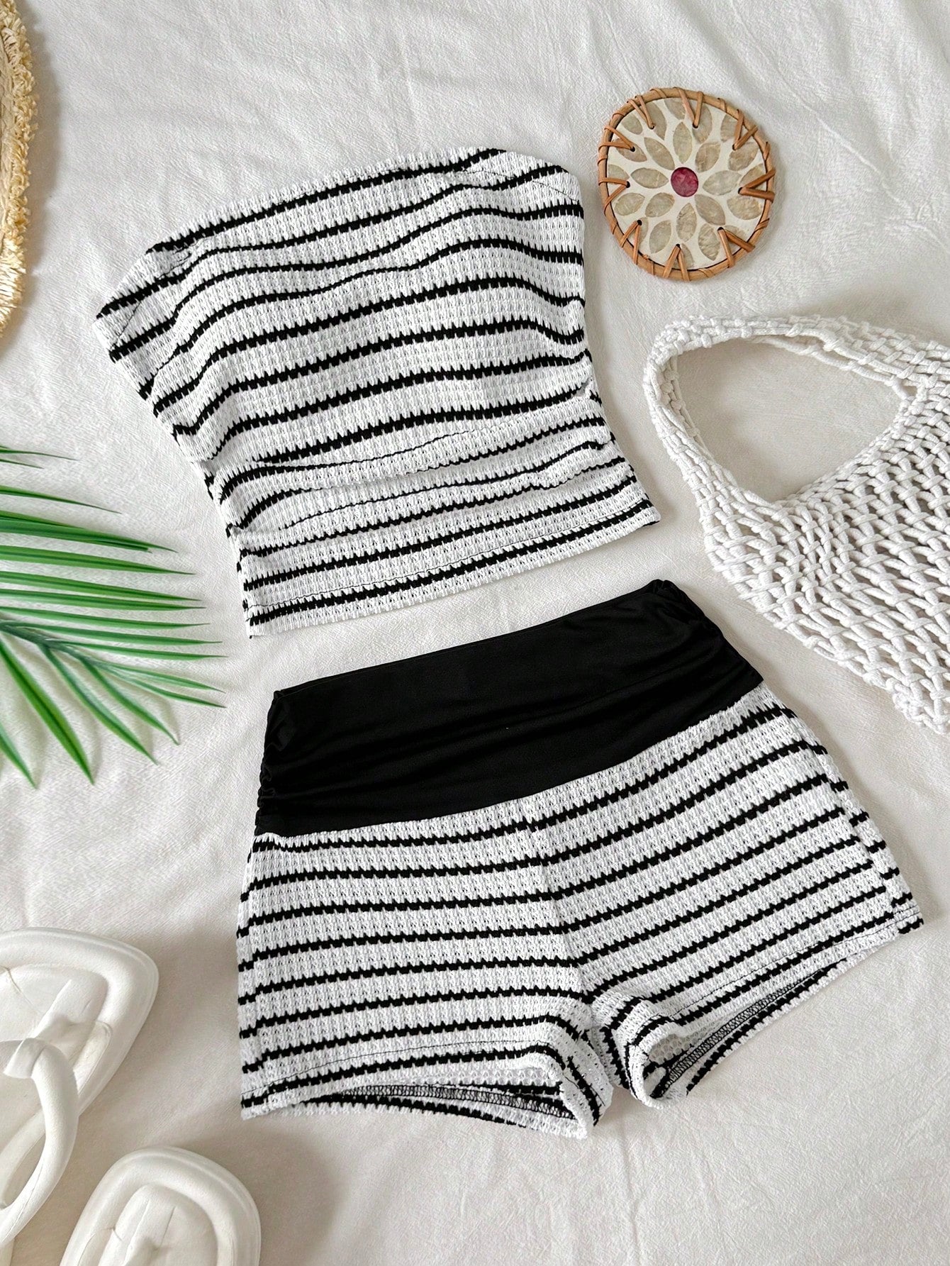 Black striped rib-knit halter tank top with lettuce trim and matching casual shorts for tween girls.