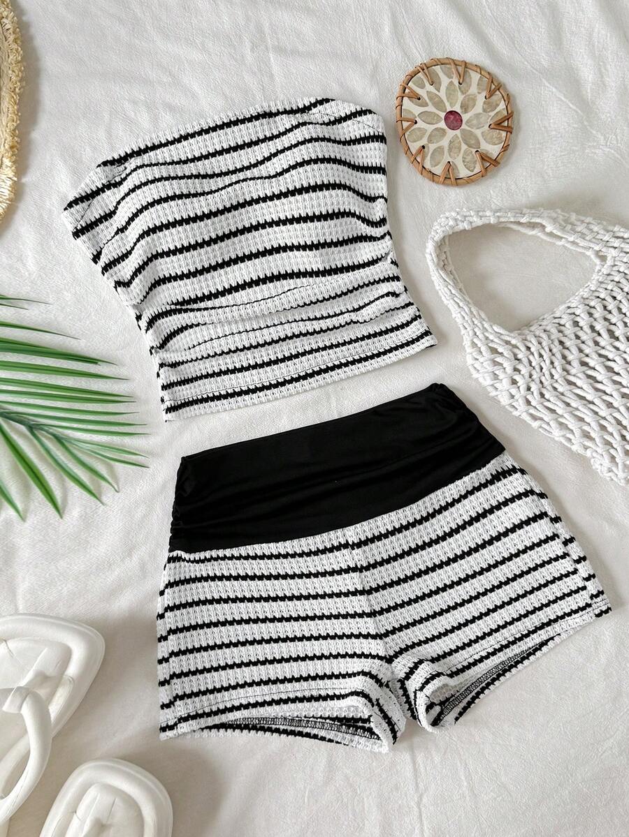 Black striped rib-knit halter tank top with lettuce trim and matching casual shorts for tween girls.