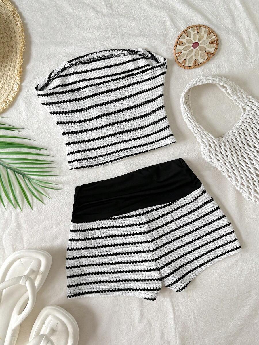 Black striped rib-knit halter tank top with lettuce trim and matching casual shorts for tween girls.
