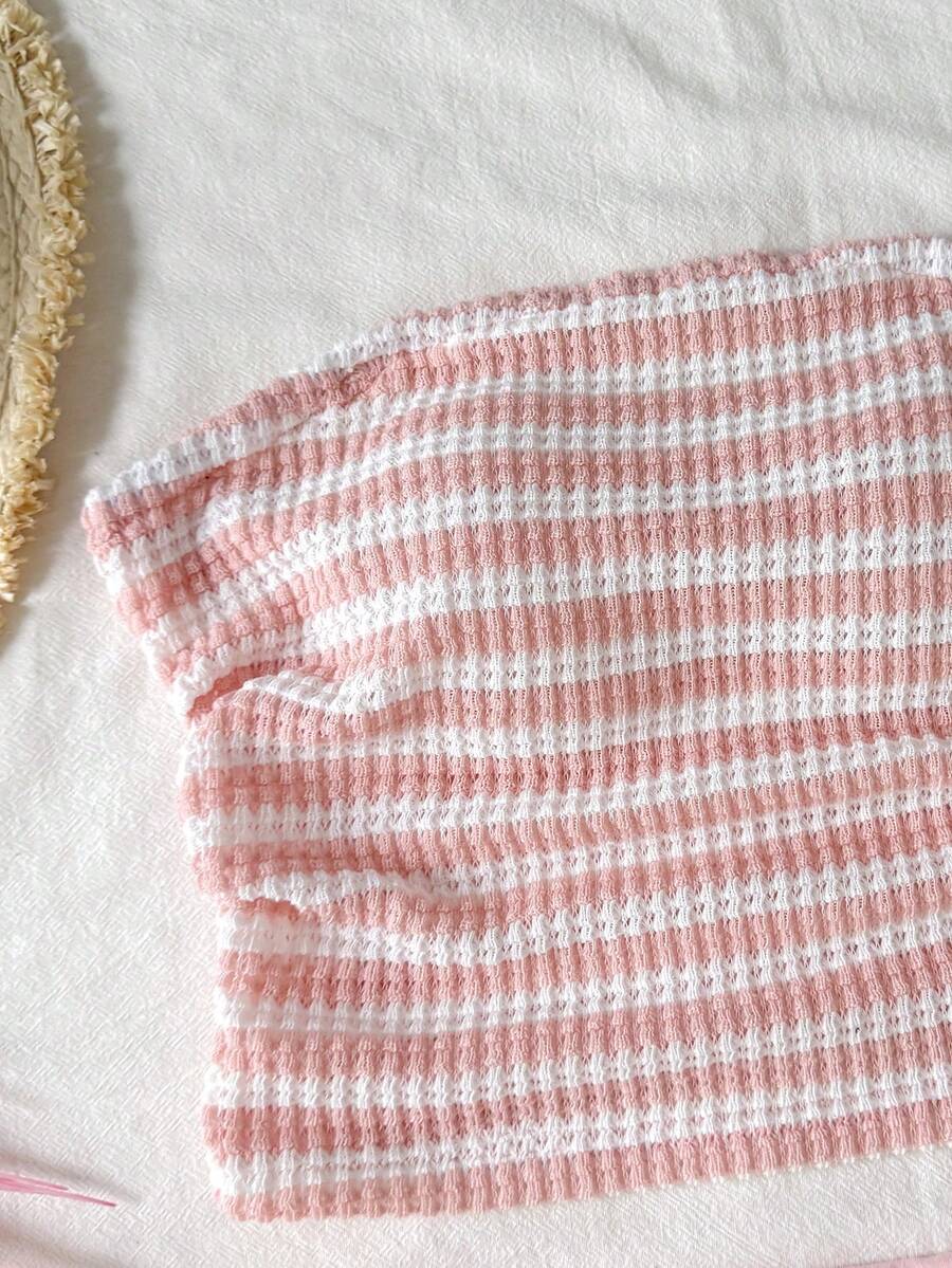 Black striped rib-knit halter tank top with lettuce trim and matching casual shorts for tween girls.