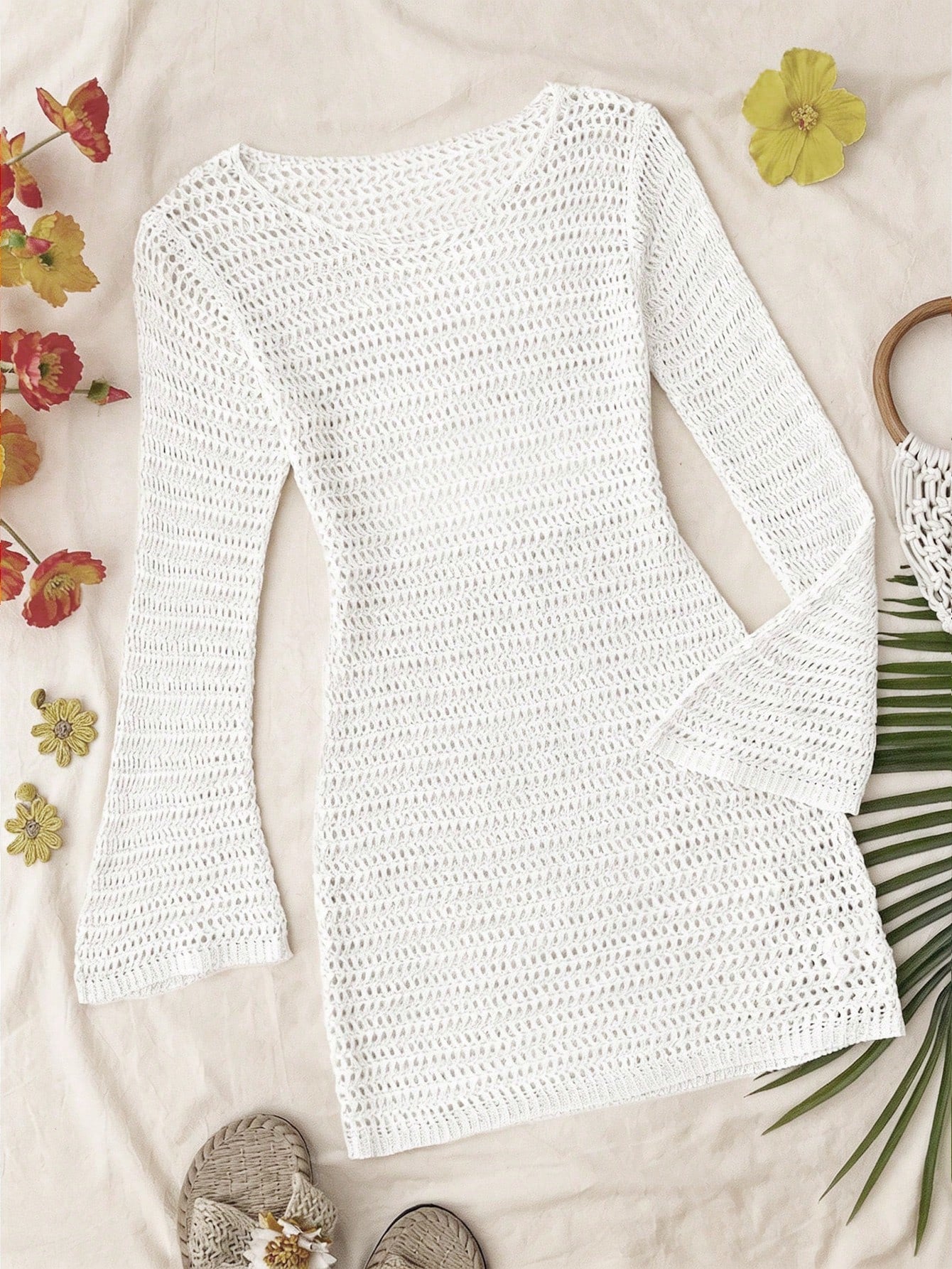 Tween girls semi-sheer long sleeve beach cover up dress with boat neckline and plain design for vacation swimwear layering.