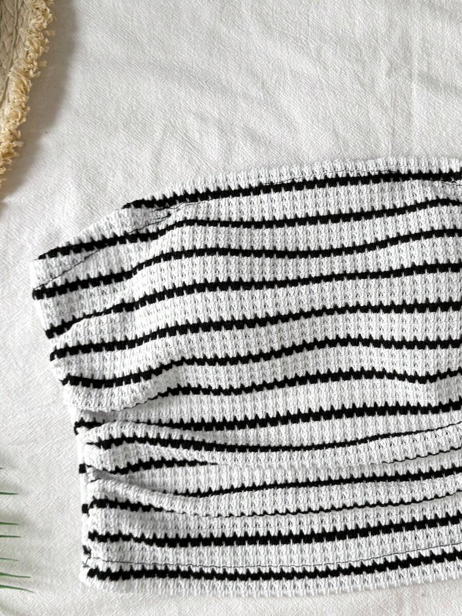 Black striped rib-knit halter tank top with lettuce trim and matching casual shorts for tween girls.