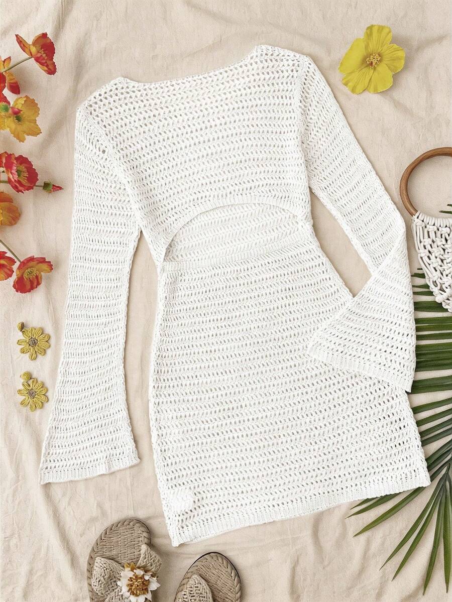 Tween girls semi-sheer long sleeve beach cover up dress with boat neckline and plain design for vacation swimwear layering.