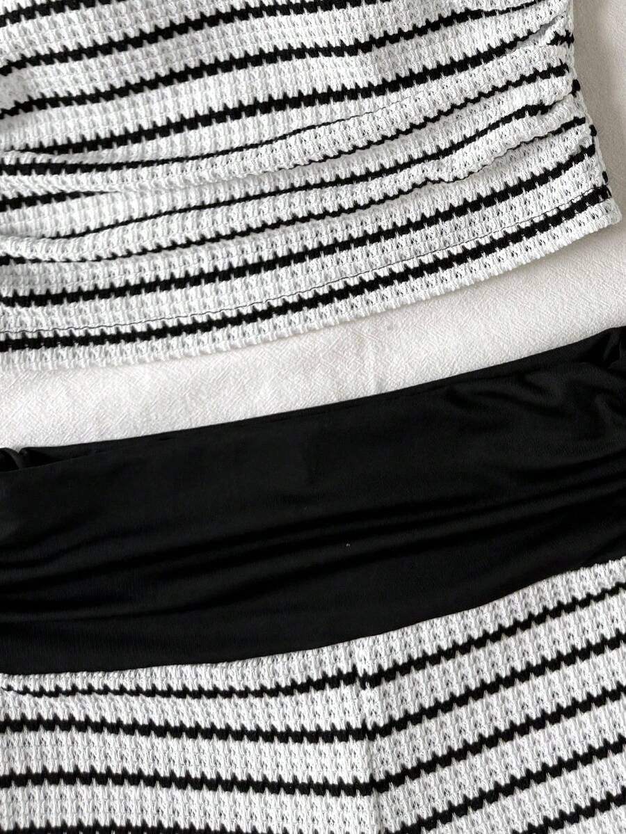 Black striped rib-knit halter tank top with lettuce trim and matching casual shorts for tween girls.
