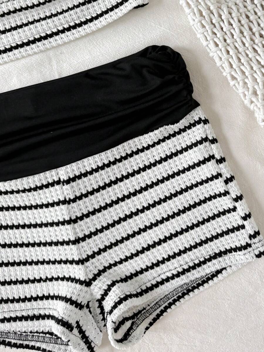 Black striped rib-knit halter tank top with lettuce trim and matching casual shorts for tween girls.