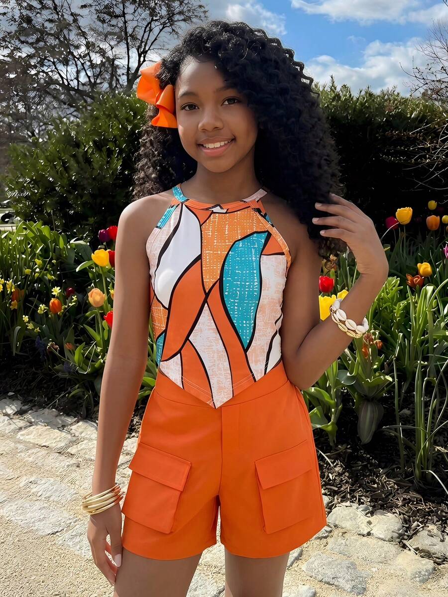 Girls 2-piece vacation outfit set with sleeveless halter knit crop top and graphic cargo shorts.