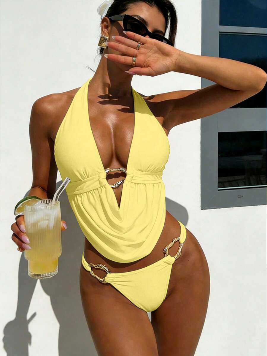 Women's 2-piece bikini set featuring a black deep V-neck lace-up crop top and high cut bikini bottom for beach and vacation wear.