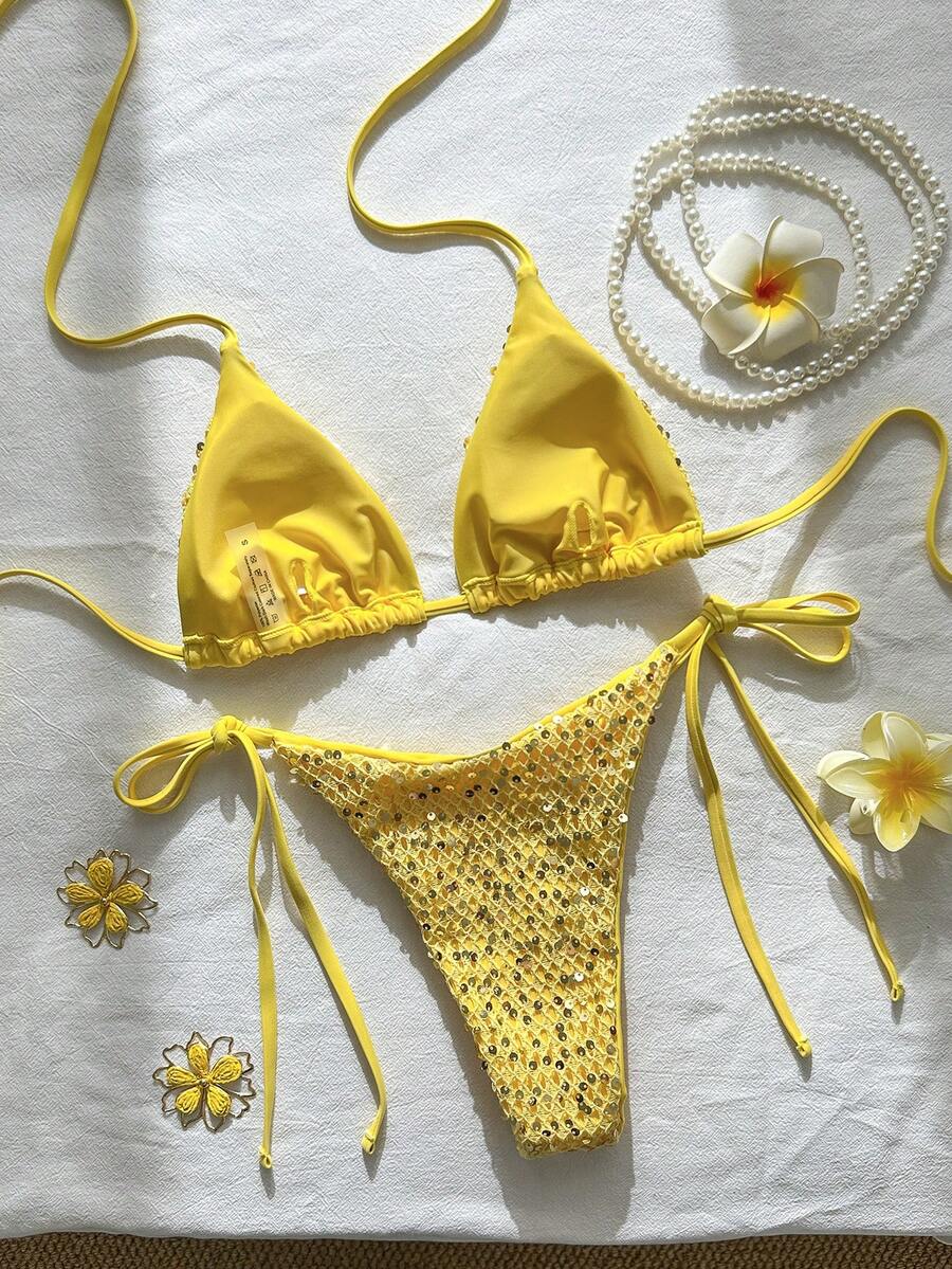 Women's sequin textured halter triangle bikini top and high-waist side tie bikini bottom swimsuit set