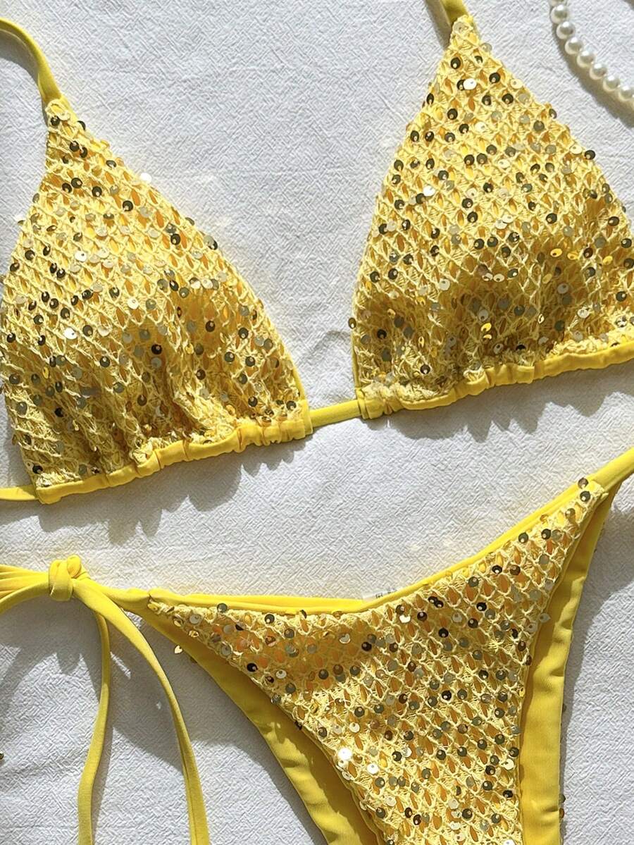 Women's sequin textured halter triangle bikini top and high-waist side tie bikini bottom swimsuit set