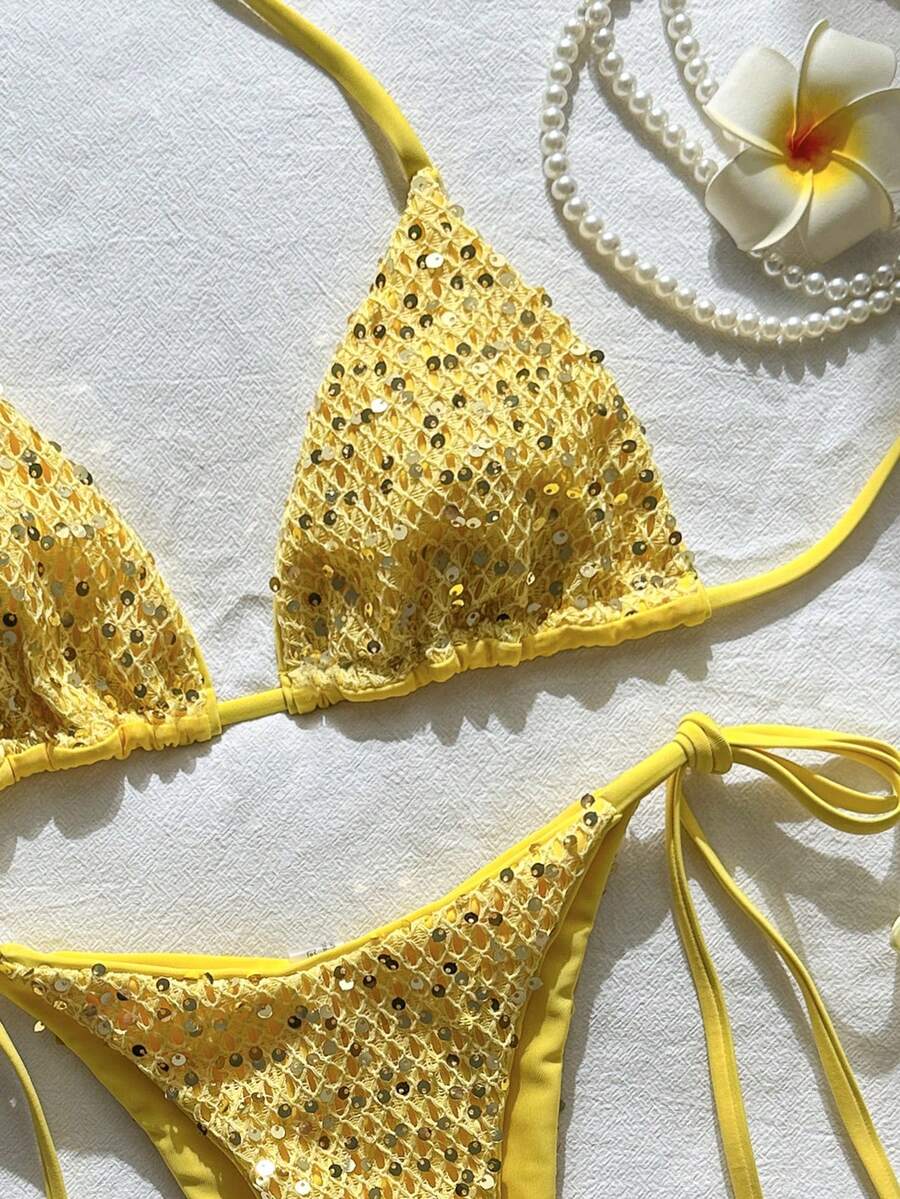 Women's sequin textured halter triangle bikini top and high-waist side tie bikini bottom swimsuit set