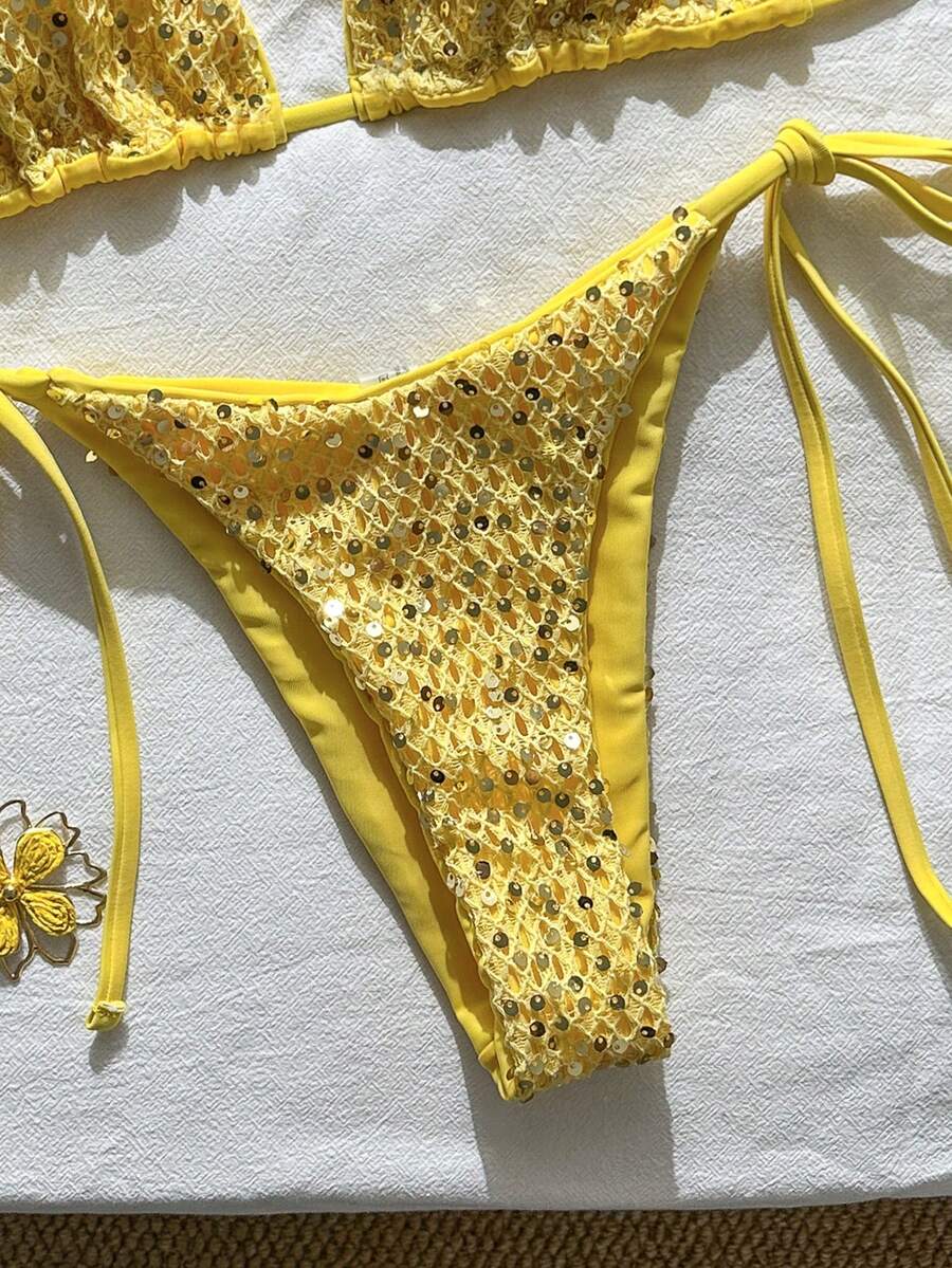 Women's sequin textured halter triangle bikini top and high-waist side tie bikini bottom swimsuit set