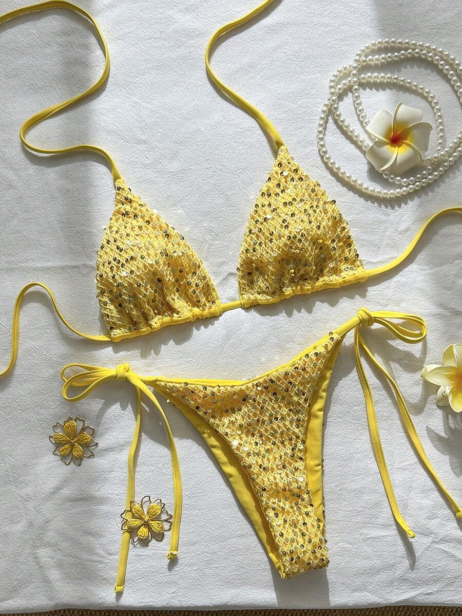 Women's sequin textured halter triangle bikini top and high-waist side tie bikini bottom swimsuit set