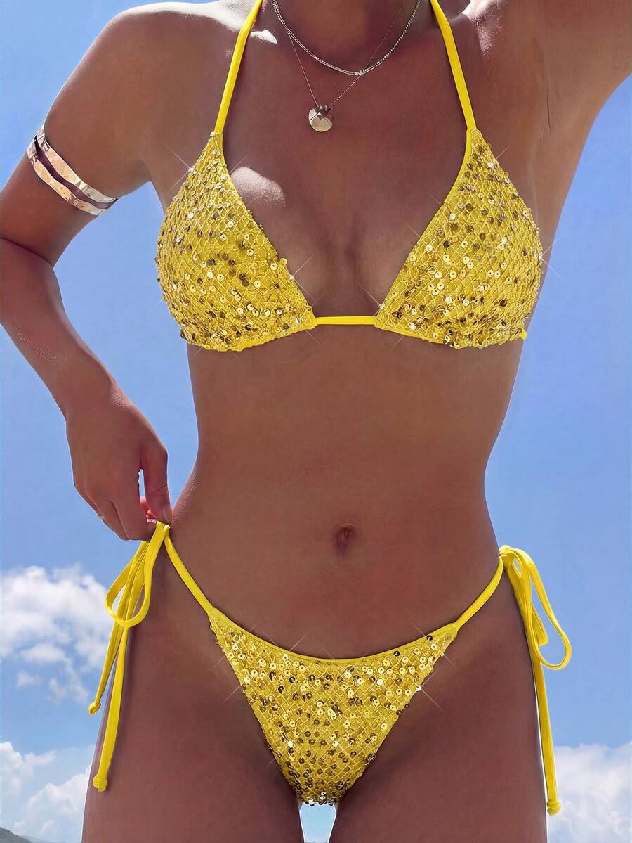 Women's sequin textured halter triangle bikini top and high-waist side tie bikini bottom swimsuit set