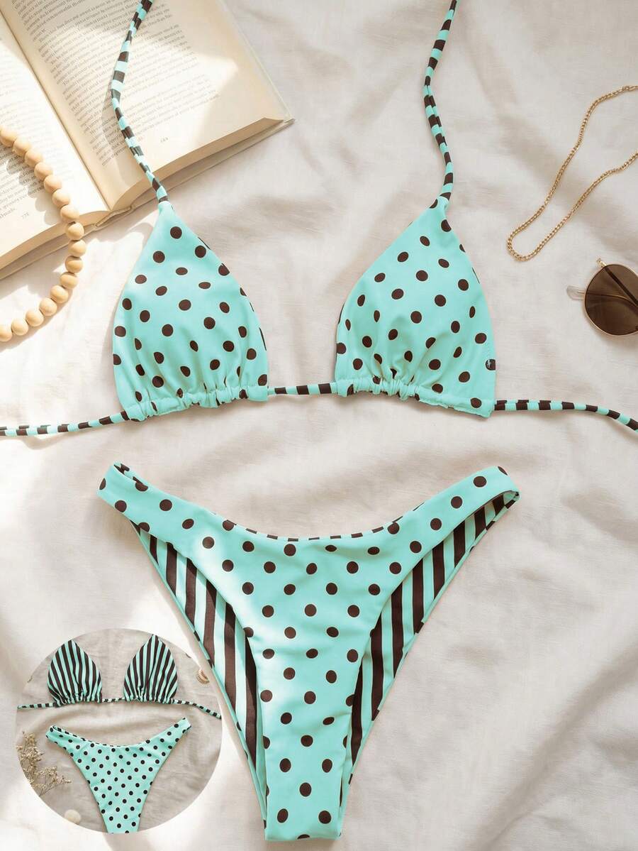 Women's two-piece halter bikini set featuring high cut thong bottoms and removable padding