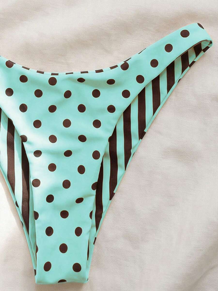 Women's two-piece halter bikini set featuring high cut thong bottoms and removable padding