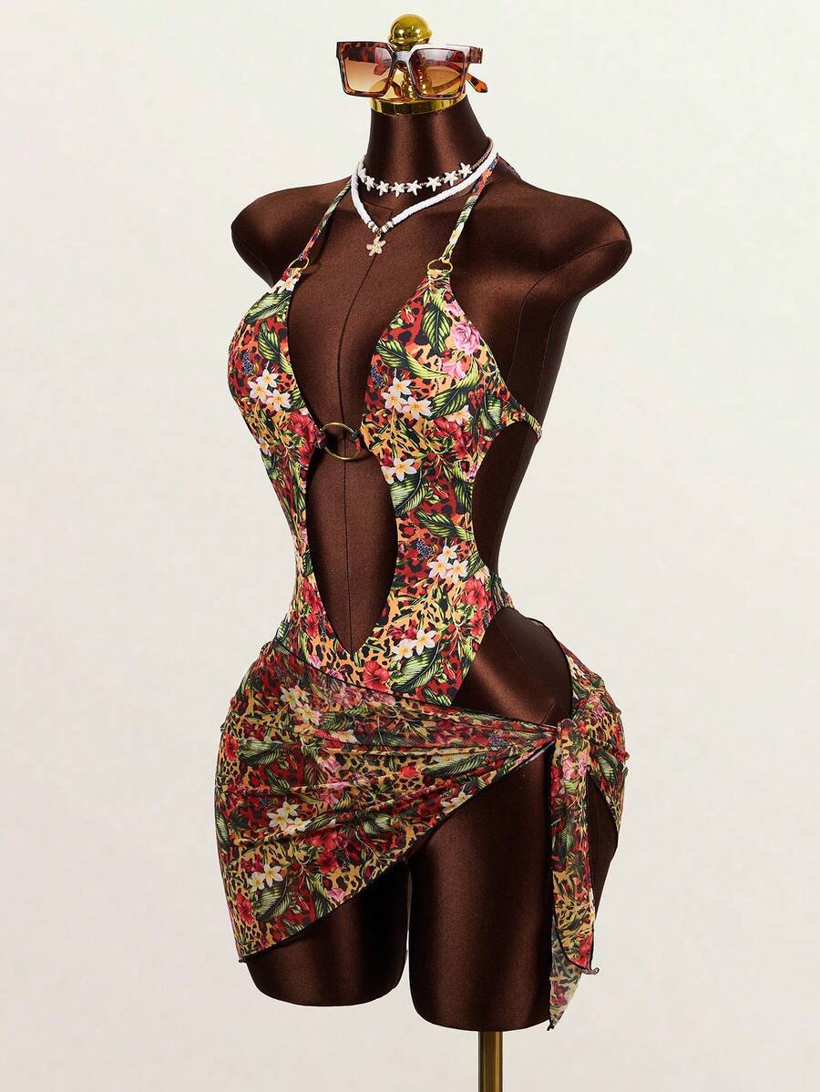 Multicolor leopard print 2-piece swimsuit set featuring a plunge neck top and a matching short cover-up skirt for women.