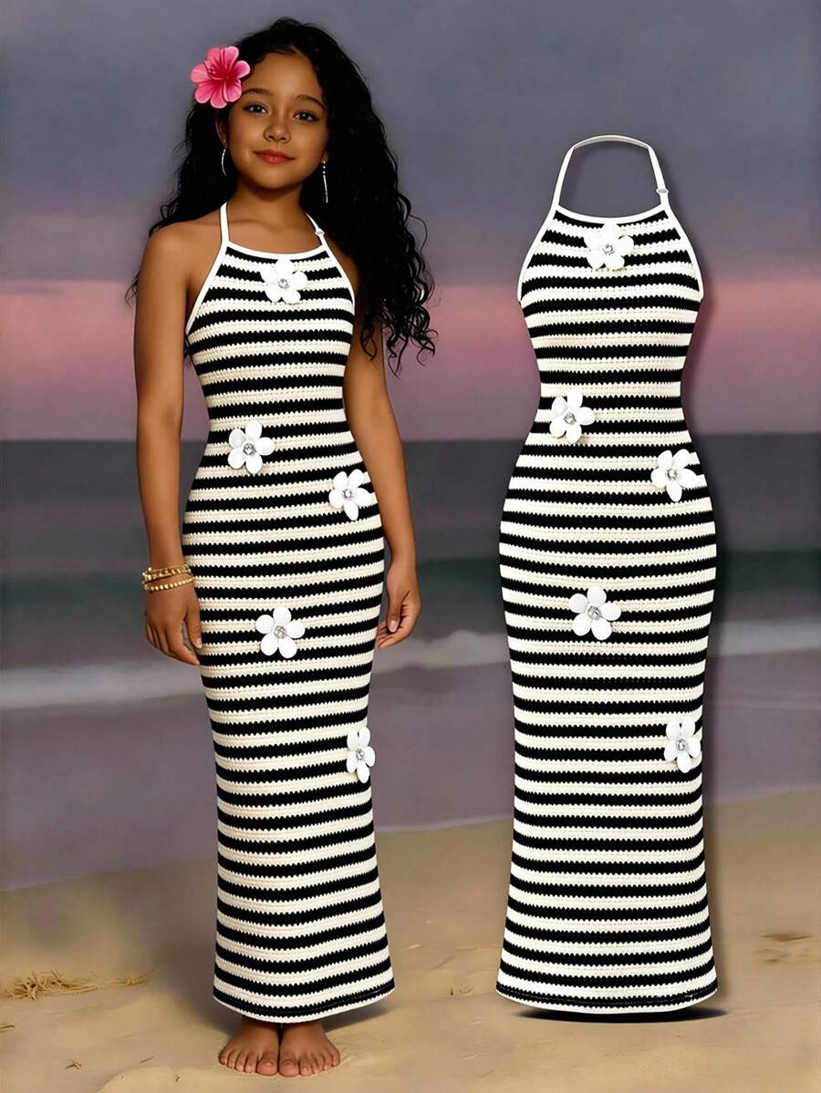 Tween girls sleeveless striped midi dress with spaghetti straps, slim fit silhouette, pocket detail, straight hem, and casual everyday style.