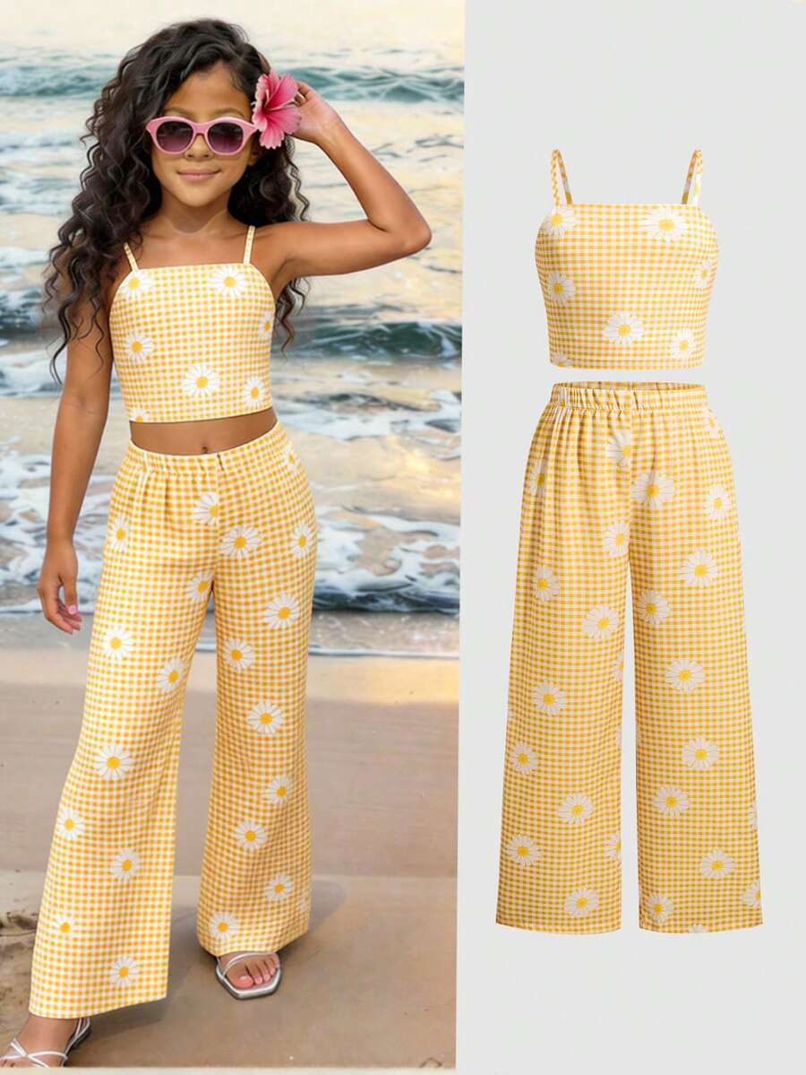Tween girls casual 2-piece set featuring an apricot woven camisole crop top with back shirring and matching high-waisted loose long pants.