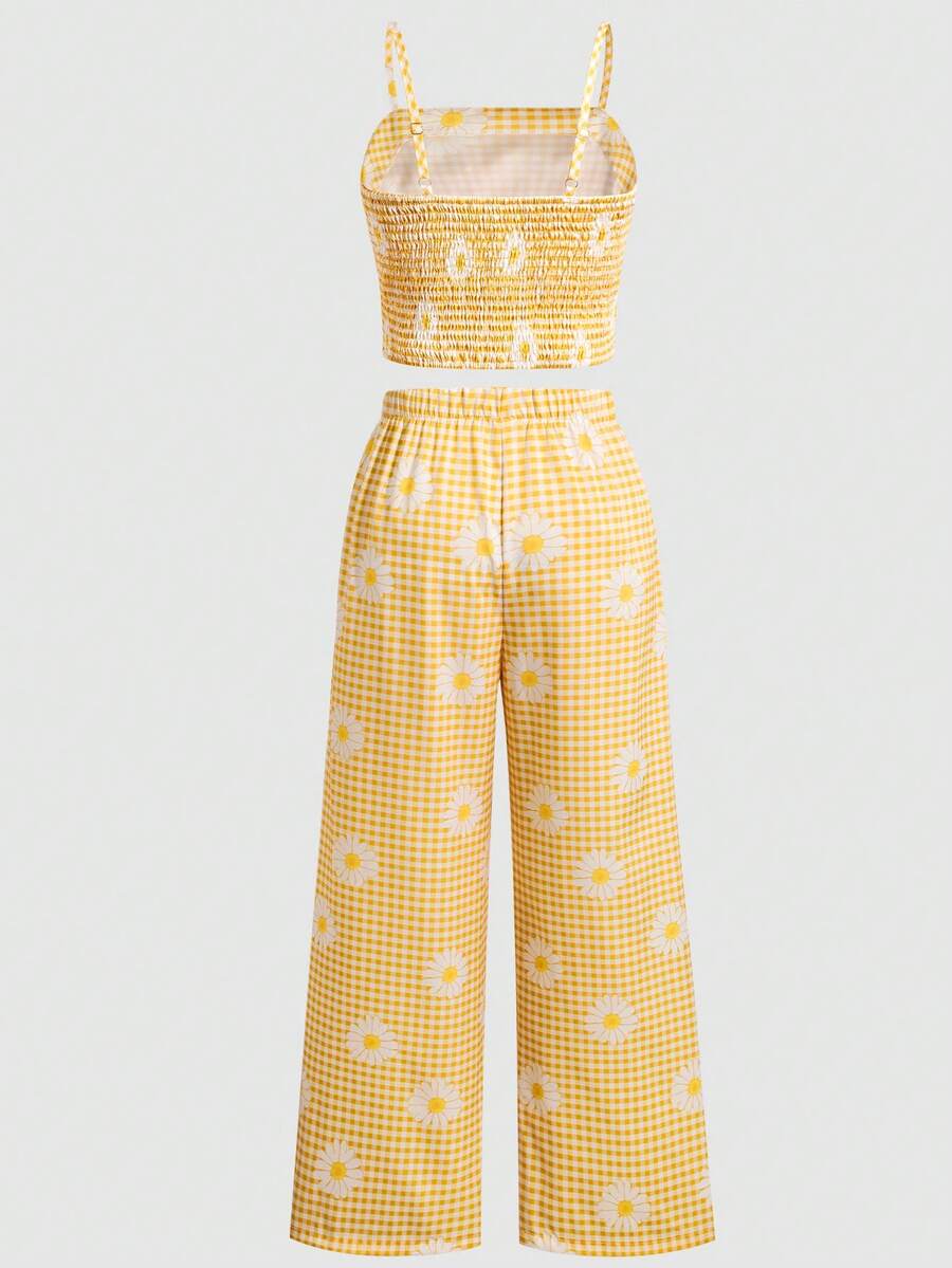 Tween girls casual 2-piece set featuring an apricot woven camisole crop top with back shirring and matching high-waisted loose long pants.